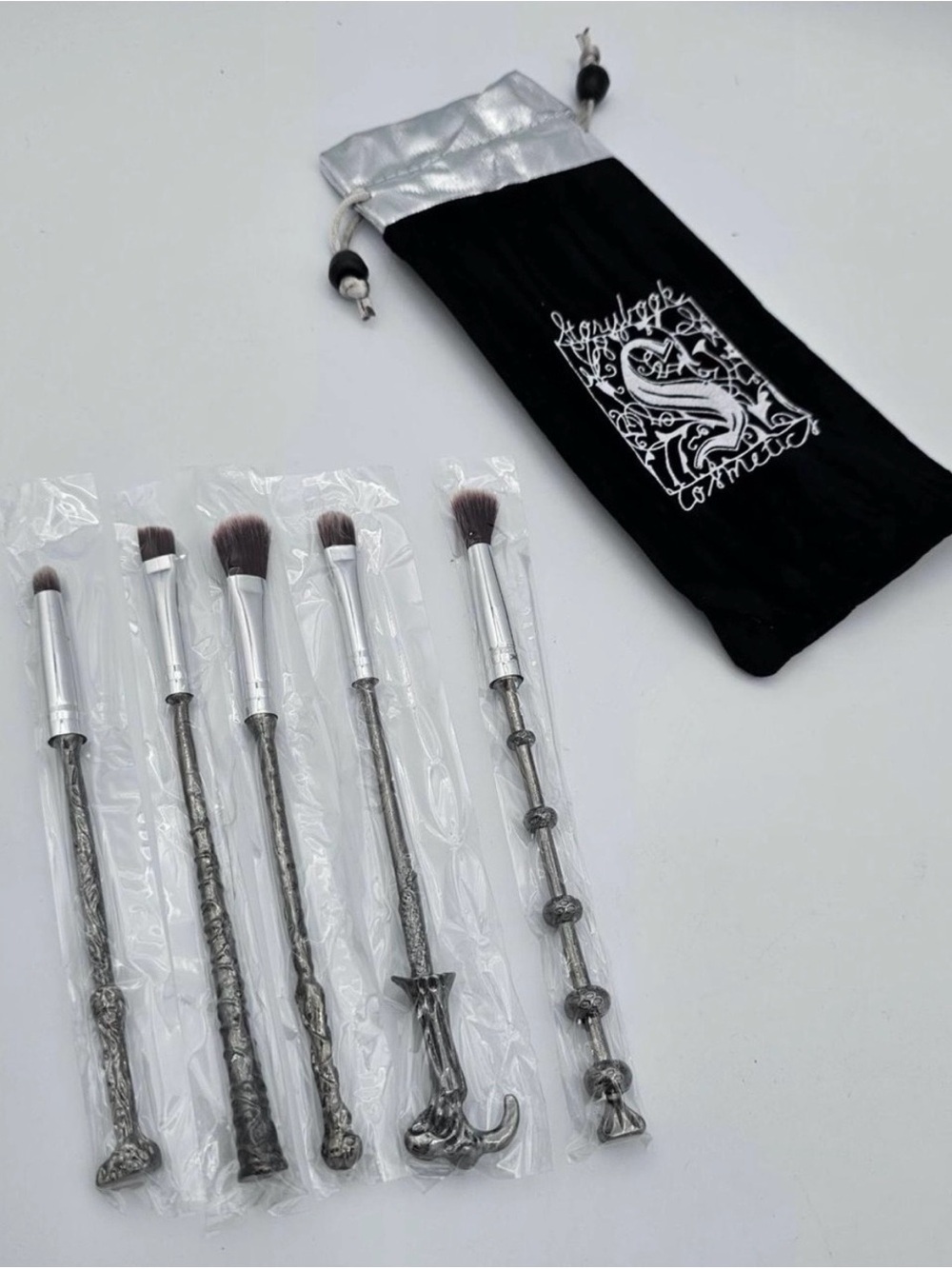 Silver Wizard Wand Makeup Brush Set with Black Velvet Pouch
